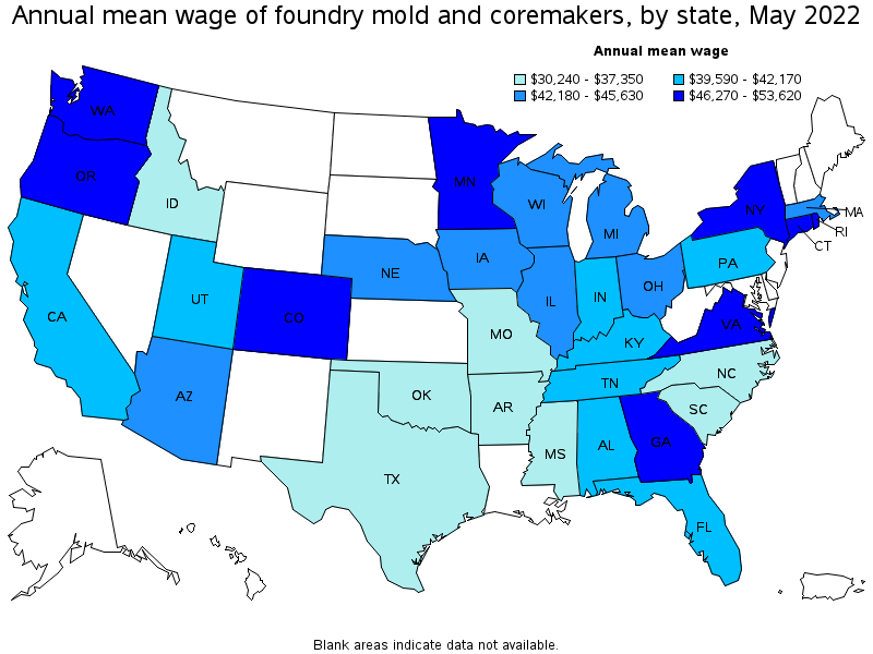 Map of annual mean wages of foundry mold and coremakers by state, May 2022