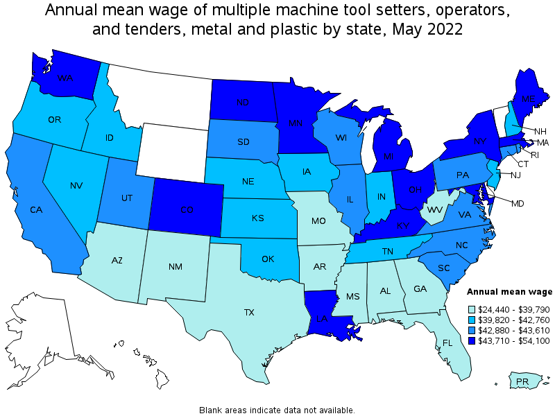 Map of annual mean wages of multiple machine tool setters, operators, and tenders, metal and plastic by state, May 2022