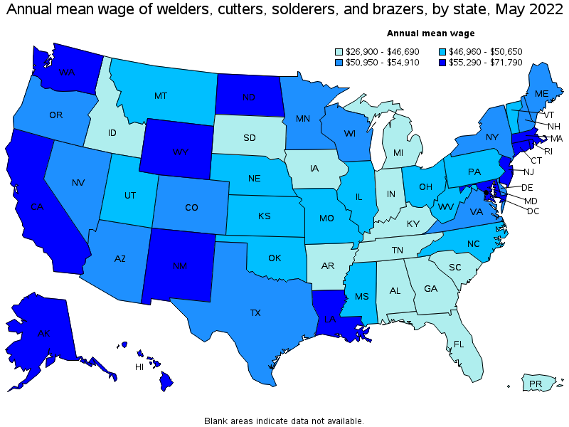Map of annual mean wages of welders, cutters, solderers, and brazers by state, May 2022