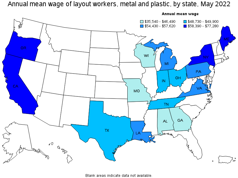 Map of annual mean wages of layout workers, metal and plastic by state, May 2022