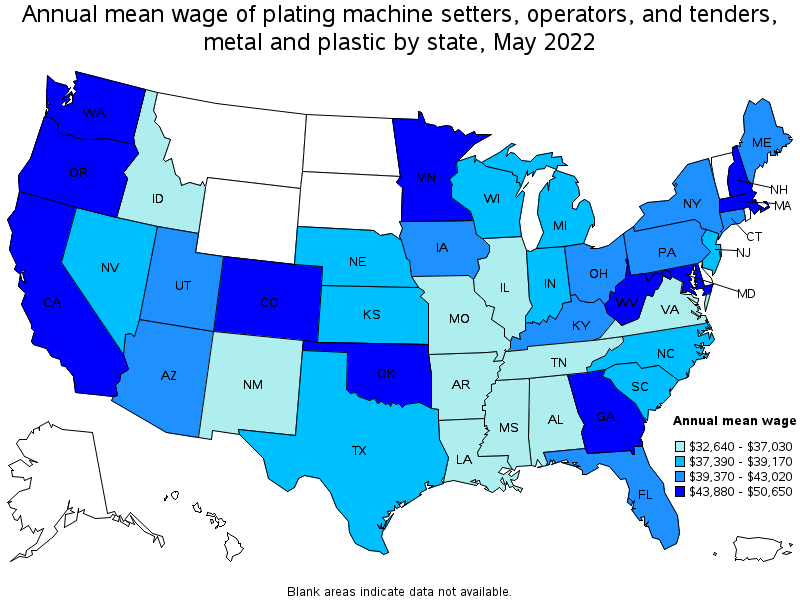 Map of annual mean wages of plating machine setters, operators, and tenders, metal and plastic by state, May 2022