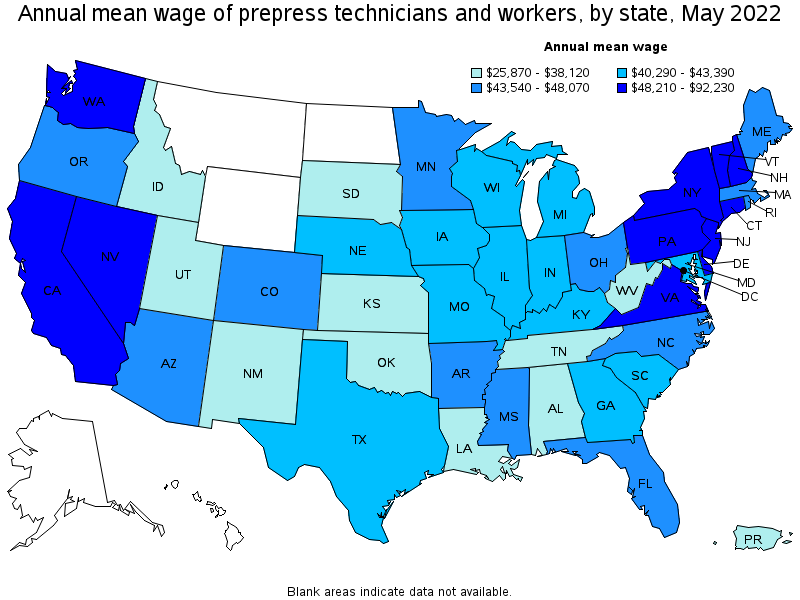 Map of annual mean wages of prepress technicians and workers by state, May 2022