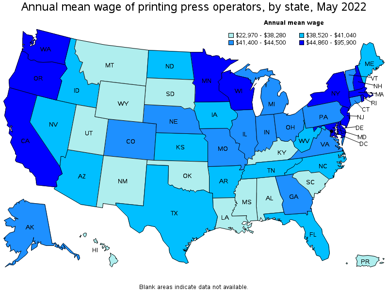 Map of annual mean wages of printing press operators by state, May 2022