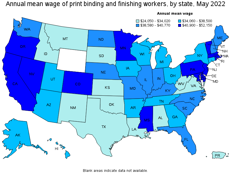 Map of annual mean wages of print binding and finishing workers by state, May 2022