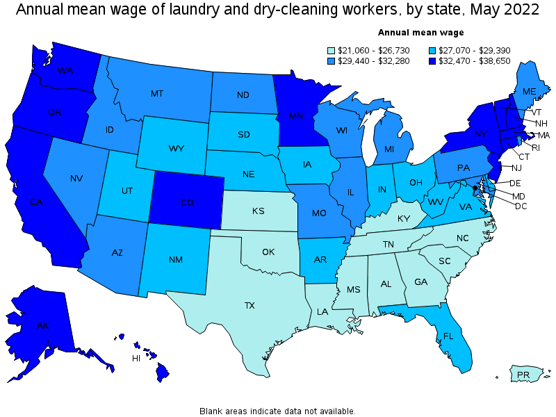 Map of annual mean wages of laundry and dry-cleaning workers by state, May 2022