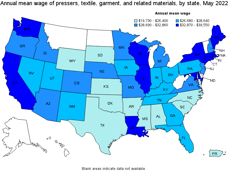 Map of annual mean wages of pressers, textile, garment, and related materials by state, May 2022