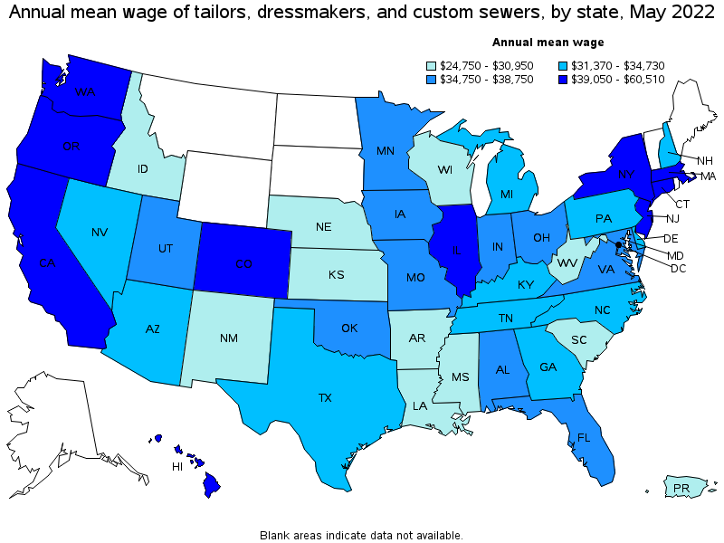 Map of annual mean wages of tailors, dressmakers, and custom sewers by state, May 2022
