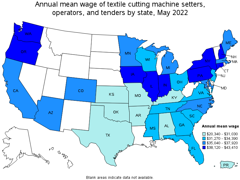Map of annual mean wages of textile cutting machine setters, operators, and tenders by state, May 2022