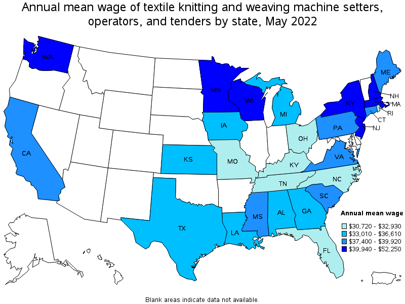 Map of annual mean wages of textile knitting and weaving machine setters, operators, and tenders by state, May 2022