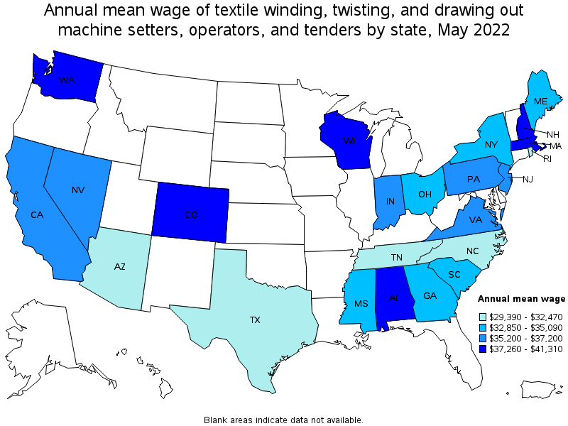 Map of annual mean wages of textile winding, twisting, and drawing out machine setters, operators, and tenders by state, May 2022