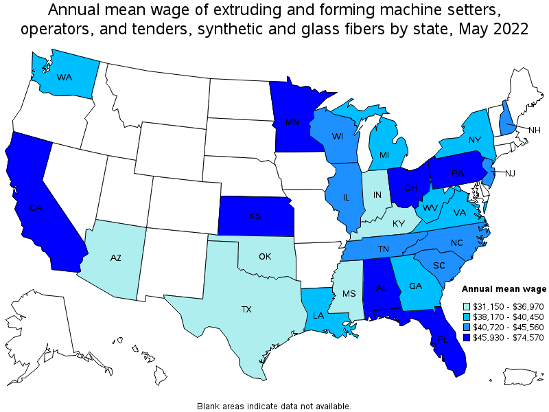 Map of annual mean wages of extruding and forming machine setters, operators, and tenders, synthetic and glass fibers by state, May 2022