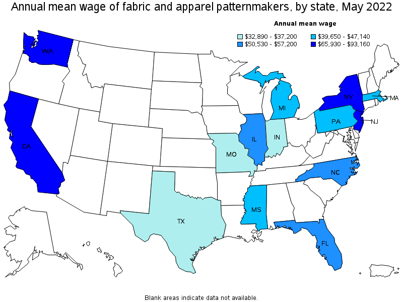 Map of annual mean wages of fabric and apparel patternmakers by state, May 2022