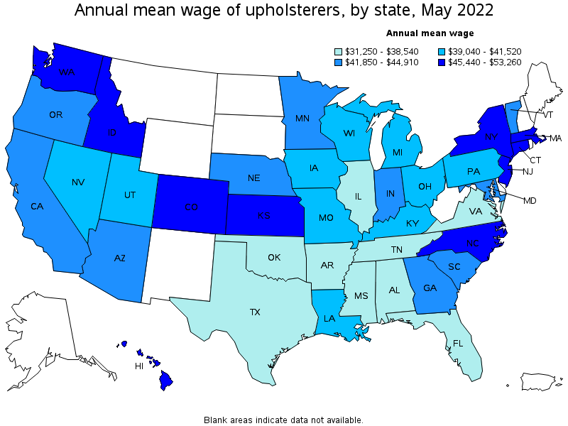 Map of annual mean wages of upholsterers by state, May 2022