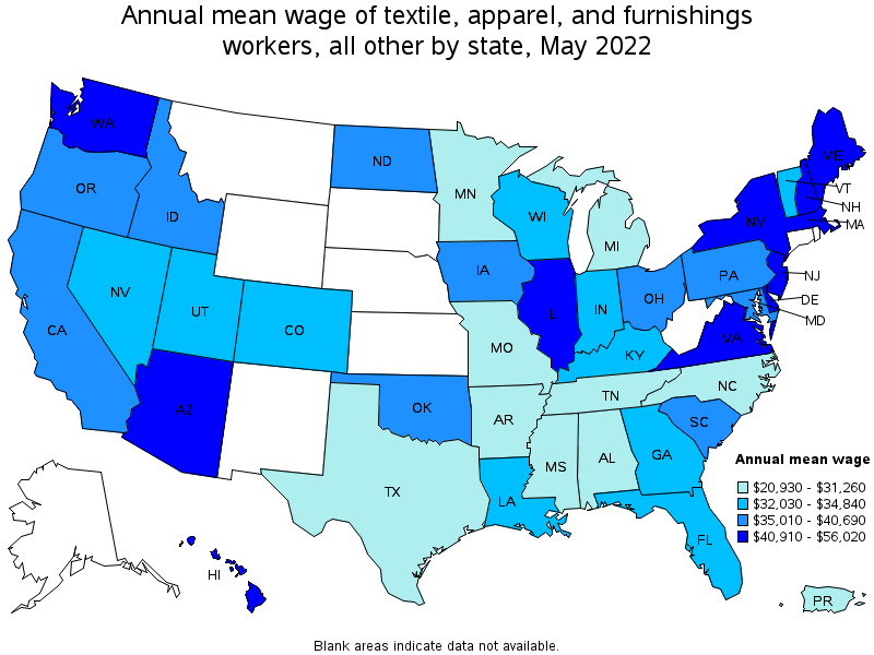 Map of annual mean wages of textile, apparel, and furnishings workers, all other by state, May 2022
