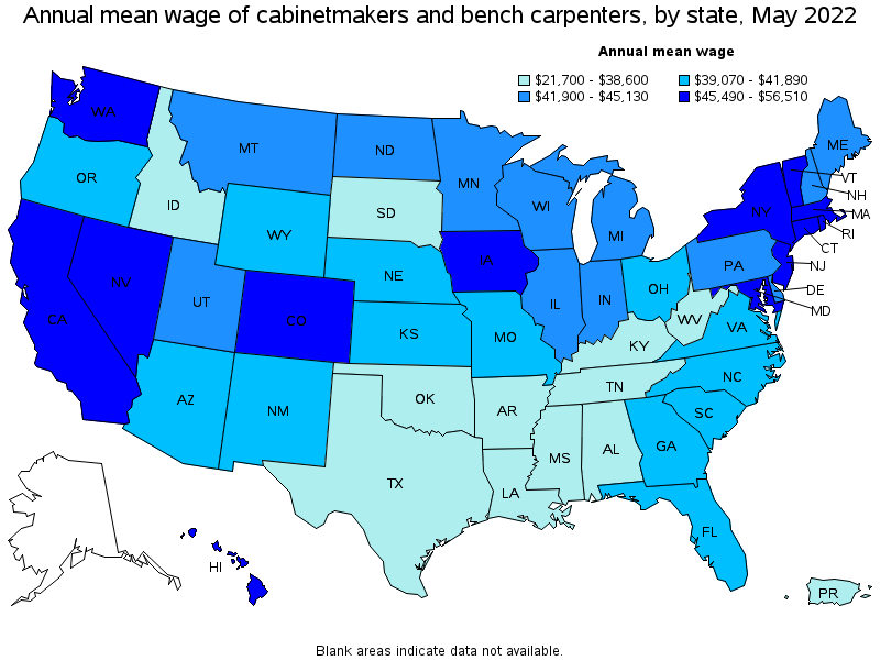 Map of annual mean wages of cabinetmakers and bench carpenters by state, May 2022
