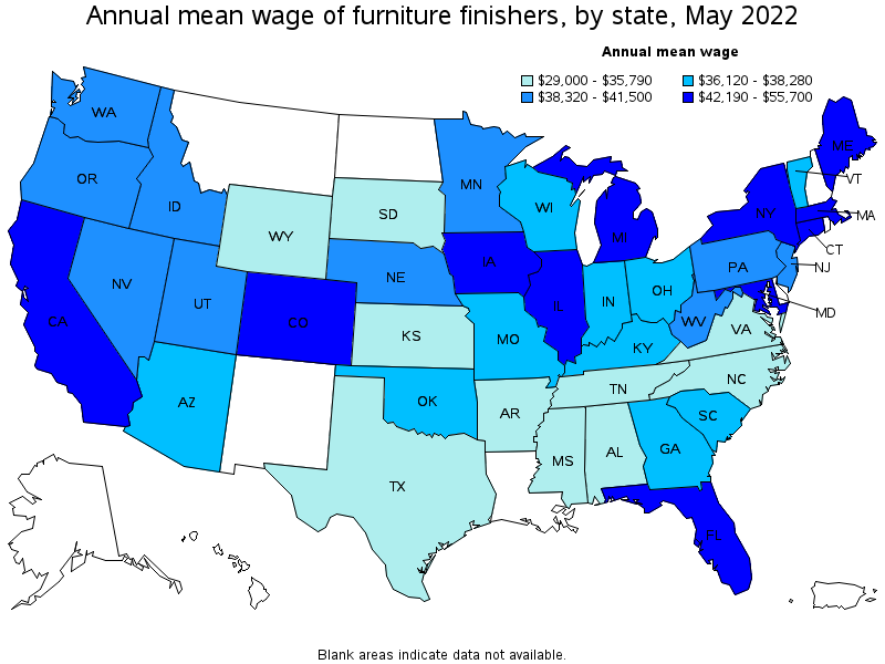 Map of annual mean wages of furniture finishers by state, May 2022