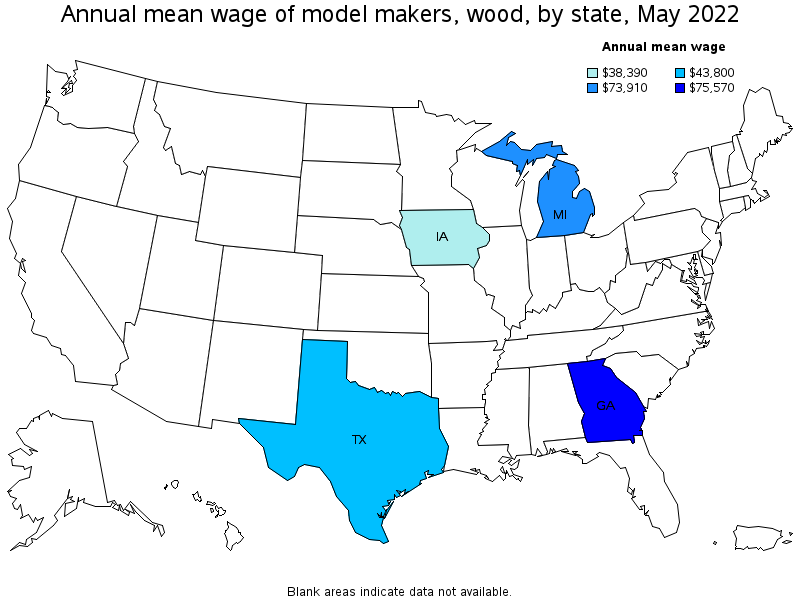 Map of annual mean wages of model makers, wood by state, May 2022