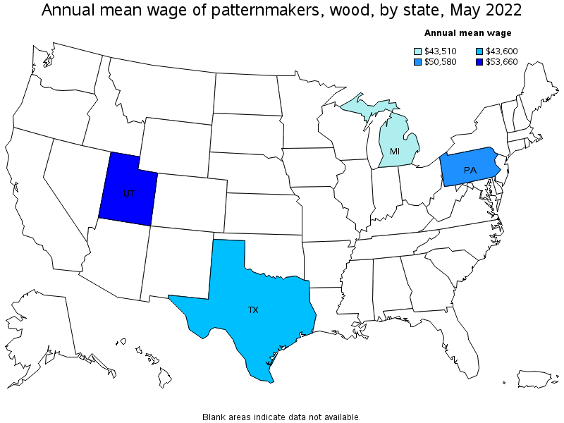Map of annual mean wages of patternmakers, wood by state, May 2022