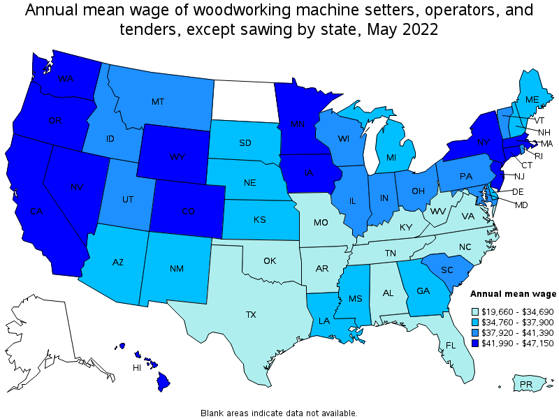 Map of annual mean wages of woodworking machine setters, operators, and tenders, except sawing by state, May 2022
