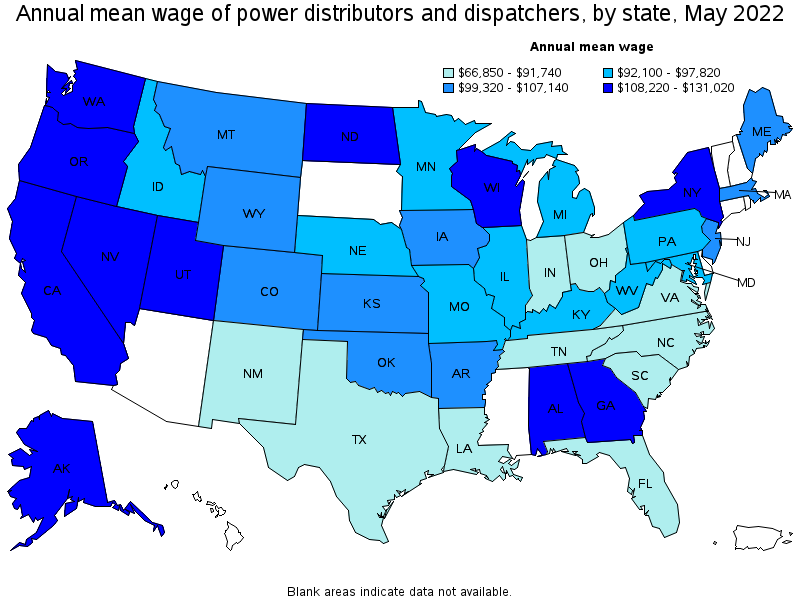 Map of annual mean wages of power distributors and dispatchers by state, May 2022