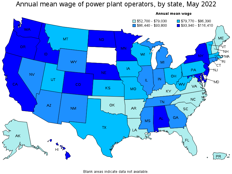 Map of annual mean wages of power plant operators by state, May 2022