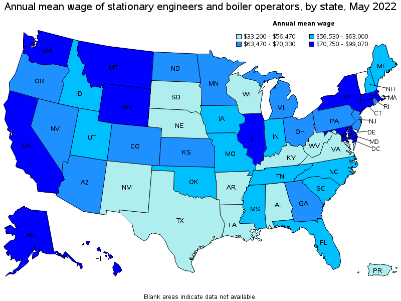 Map of annual mean wages of stationary engineers and boiler operators by state, May 2022