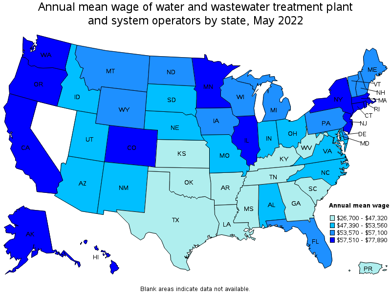 Map of annual mean wages of water and wastewater treatment plant and system operators by state, May 2022