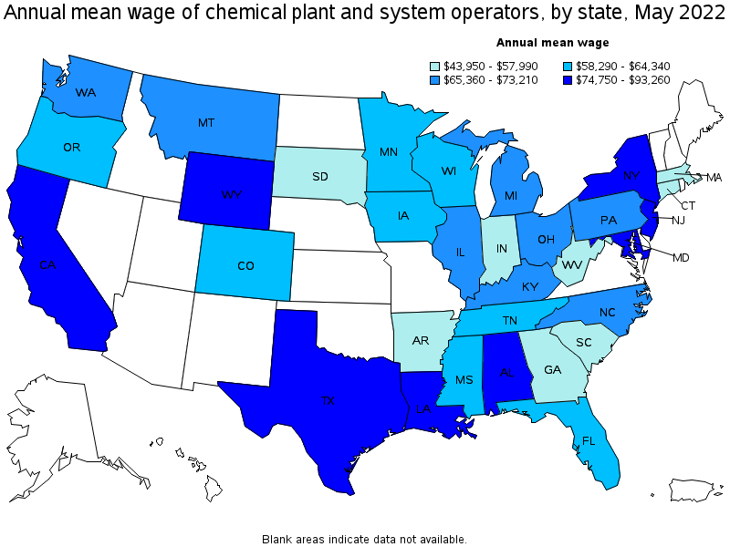 Map of annual mean wages of chemical plant and system operators by state, May 2022