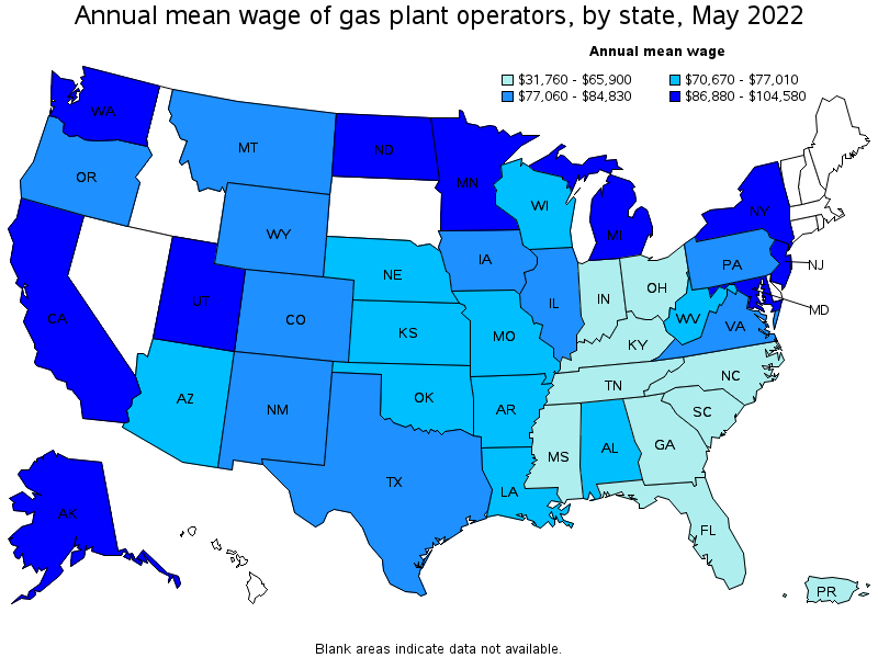 Map of annual mean wages of gas plant operators by state, May 2022