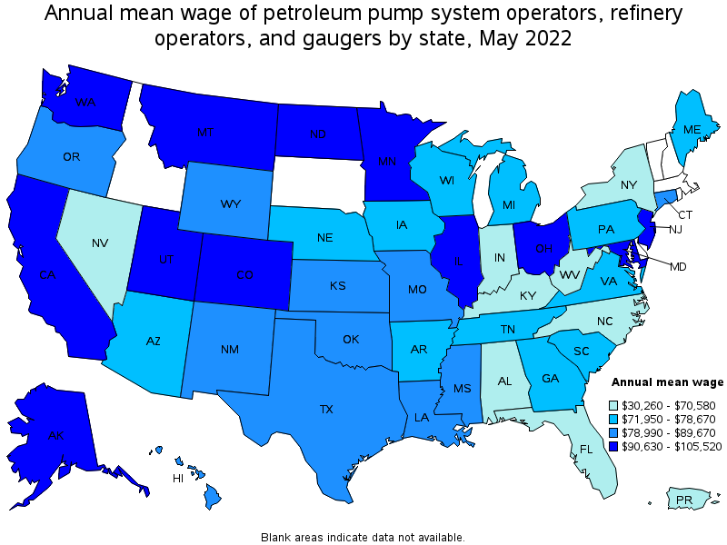 Map of annual mean wages of petroleum pump system operators, refinery operators, and gaugers by state, May 2022
