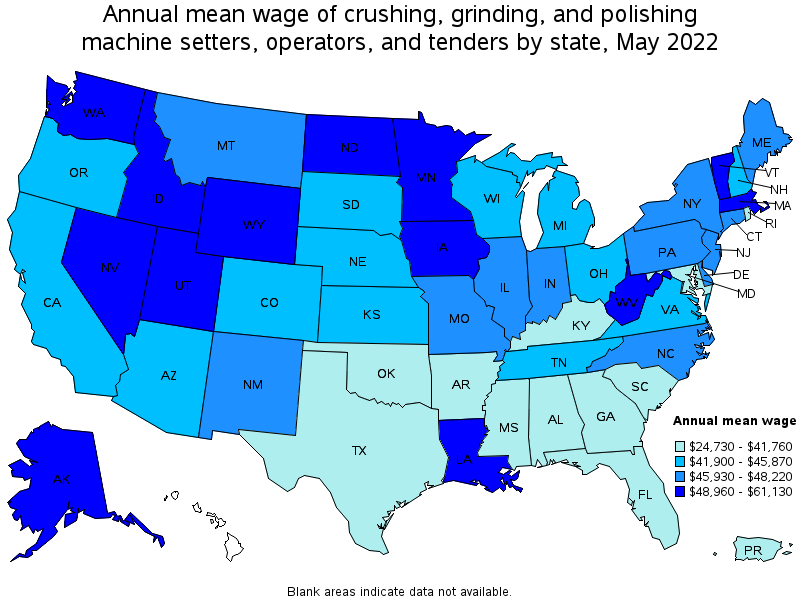 Map of annual mean wages of crushing, grinding, and polishing machine setters, operators, and tenders by state, May 2022