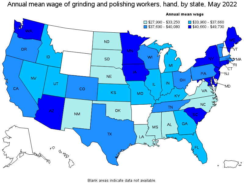 Map of annual mean wages of grinding and polishing workers, hand by state, May 2022