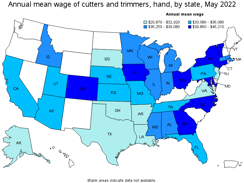 Map of annual mean wages of cutters and trimmers, hand by state, May 2022