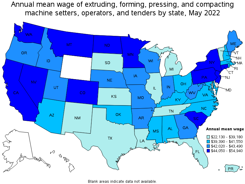 Map of annual mean wages of extruding, forming, pressing, and compacting machine setters, operators, and tenders by state, May 2022