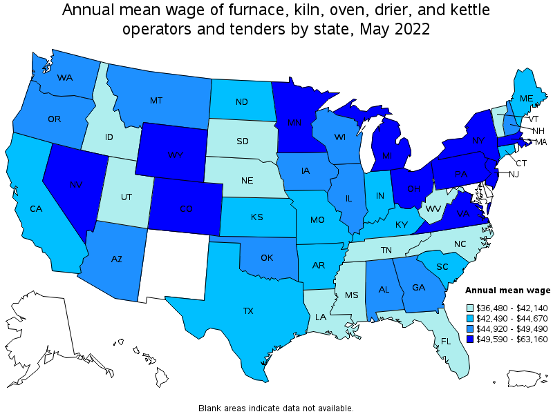 Map of annual mean wages of furnace, kiln, oven, drier, and kettle operators and tenders by state, May 2022
