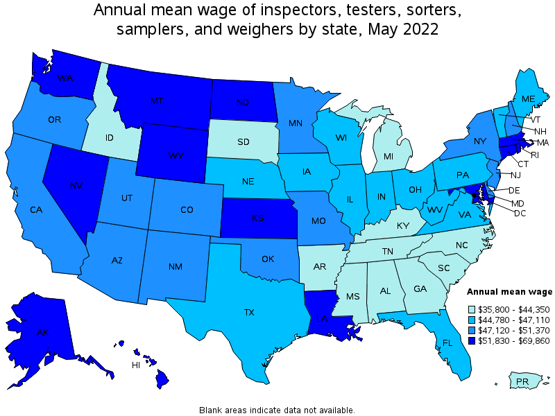 Map of annual mean wages of inspectors, testers, sorters, samplers, and weighers by state, May 2022