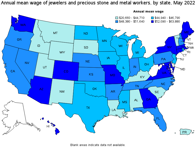Map of annual mean wages of jewelers and precious stone and metal workers by state, May 2022