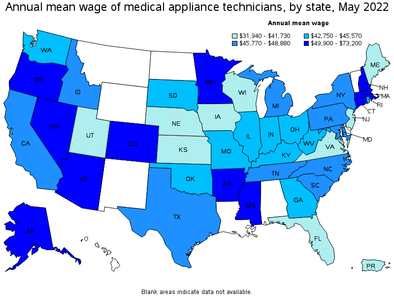 Map of annual mean wages of medical appliance technicians by state, May 2022