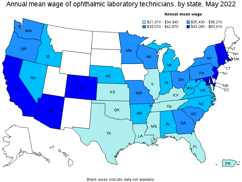 Map of annual mean wages of ophthalmic laboratory technicians by state, May 2022