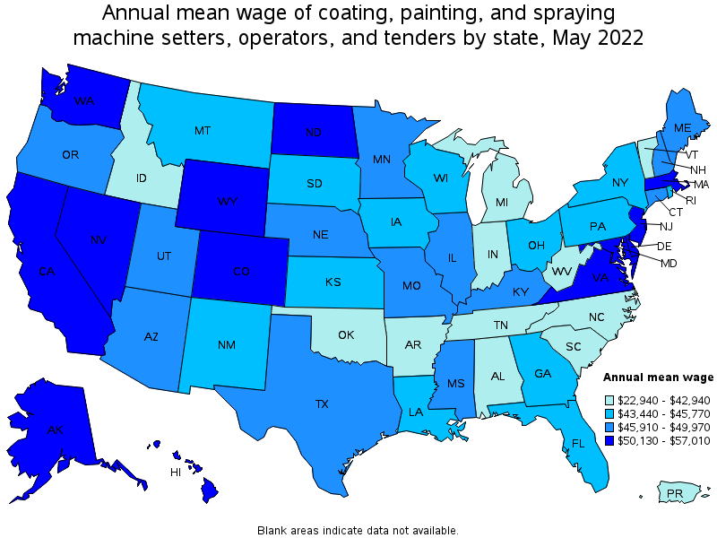 Map of annual mean wages of coating, painting, and spraying machine setters, operators, and tenders by state, May 2022