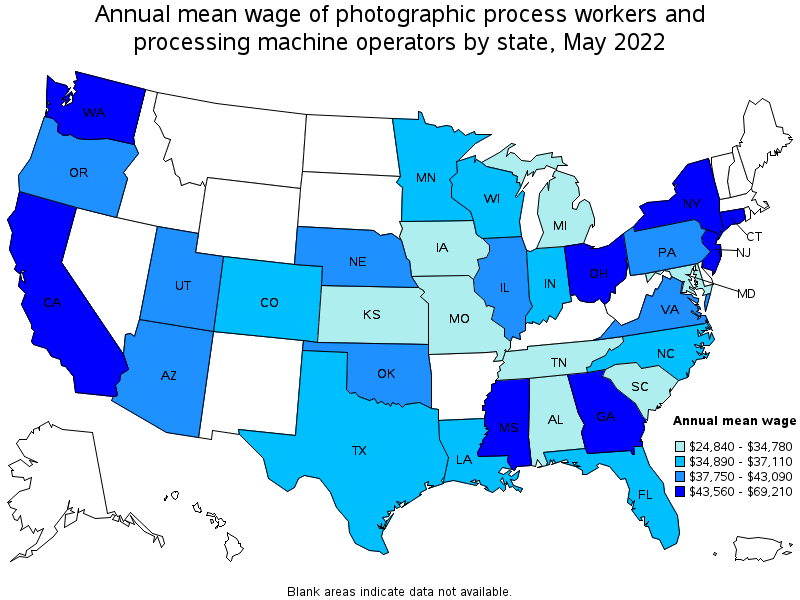 Map of annual mean wages of photographic process workers and processing machine operators by state, May 2022