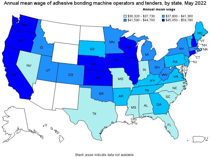 Map of annual mean wages of adhesive bonding machine operators and tenders by state, May 2022