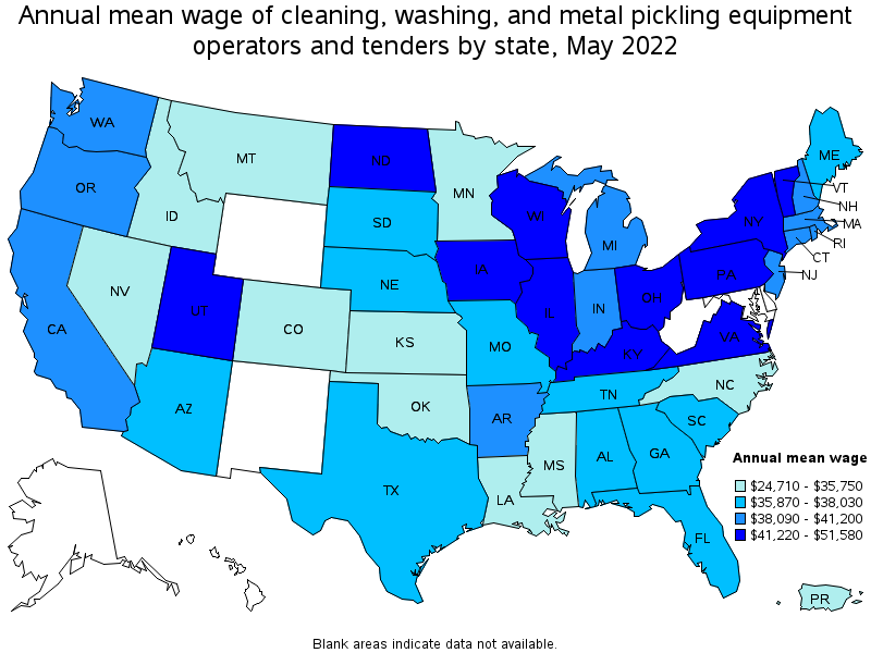 Map of annual mean wages of cleaning, washing, and metal pickling equipment operators and tenders by state, May 2022