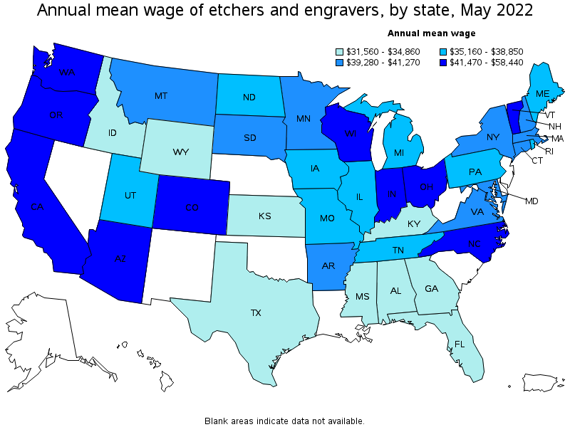 Map of annual mean wages of etchers and engravers by state, May 2022