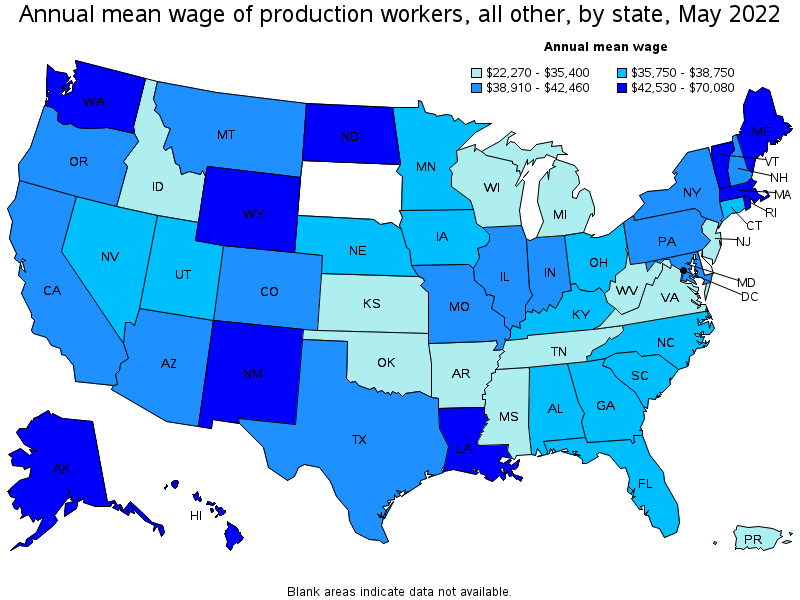 Map of annual mean wages of production workers, all other by state, May 2022