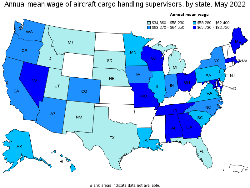 Map of annual mean wages of aircraft cargo handling supervisors by state, May 2022