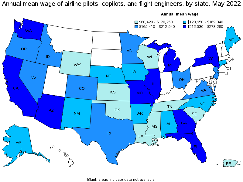 Map of annual mean wages of airline pilots, copilots, and flight engineers by state, May 2022