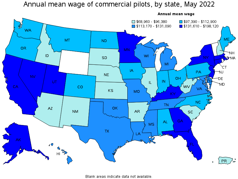 Map of annual mean wages of commercial pilots by state, May 2022