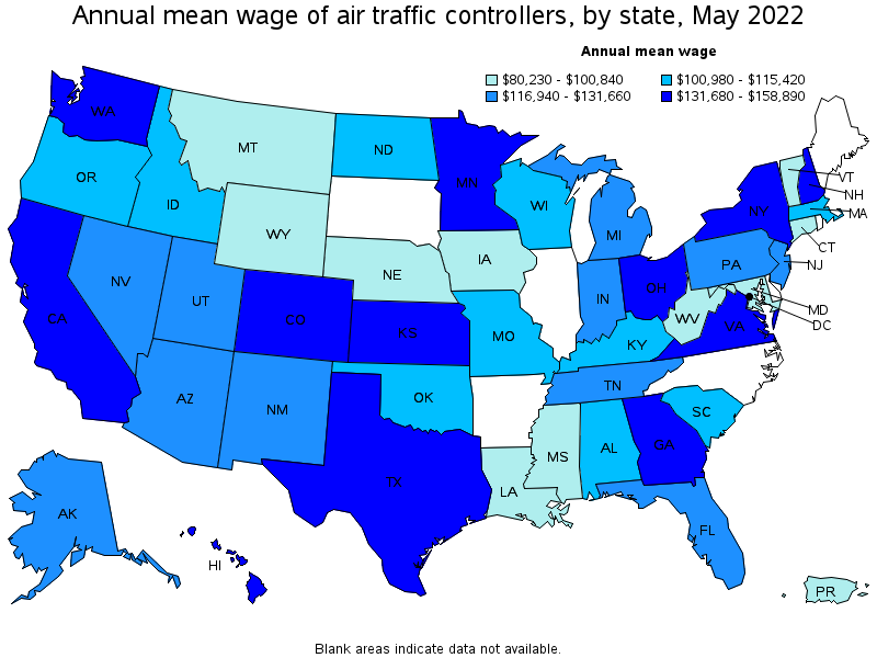 Map of annual mean wages of air traffic controllers by state, May 2022