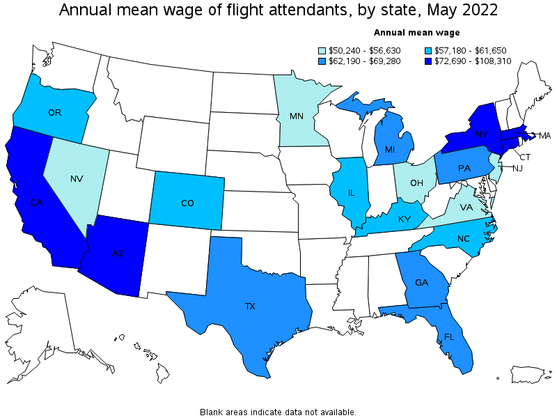 Map of annual mean wages of flight attendants by state, May 2022